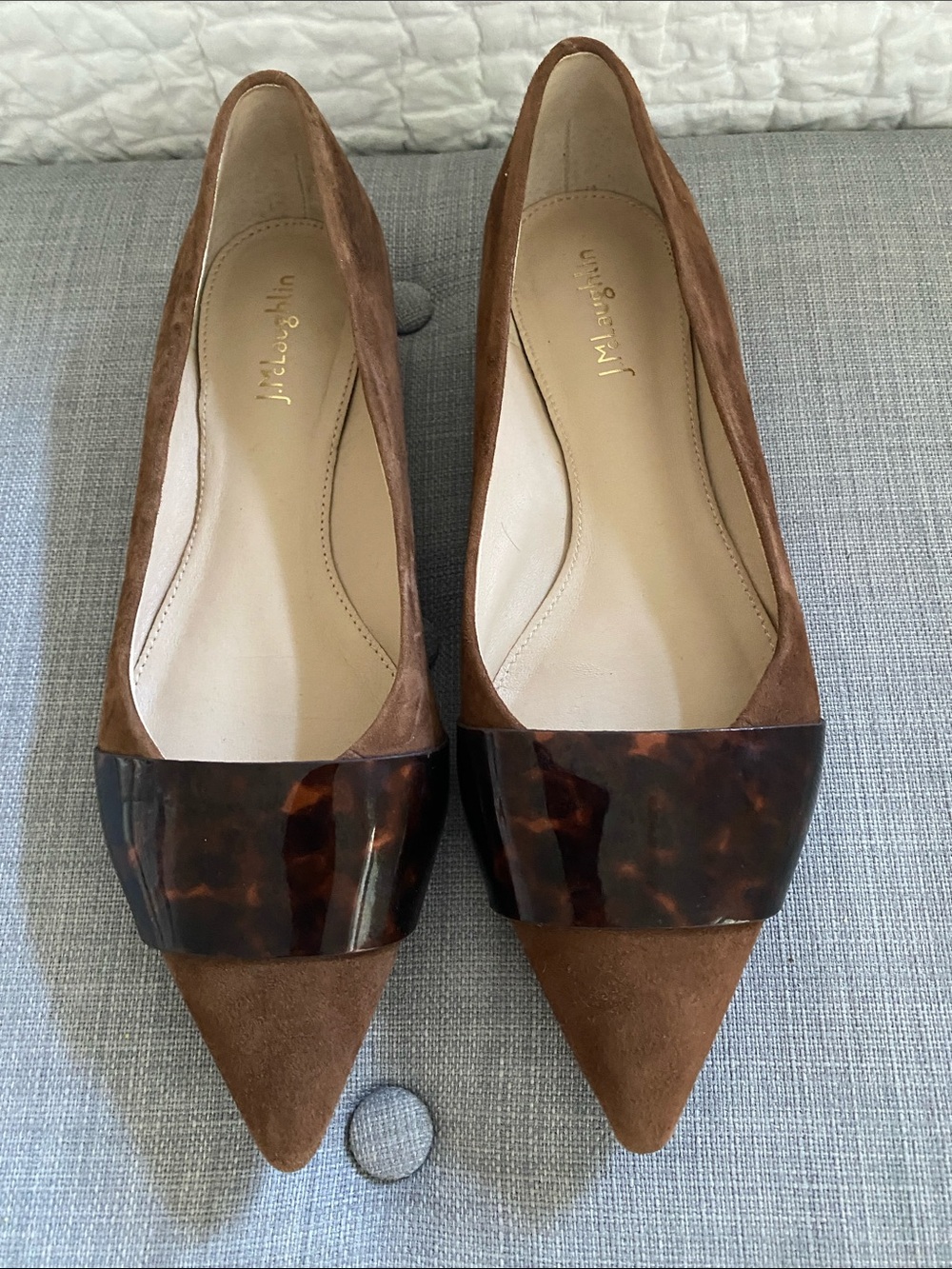 J. McLaughlin Brown Suede Pointed-Toe Flats with Tortoiseshell Accent